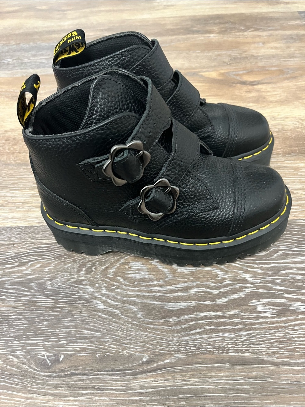 Dr. Martens Black Leather Buckle Combat Boots with Yellow Stitching - Picture 2 of 5